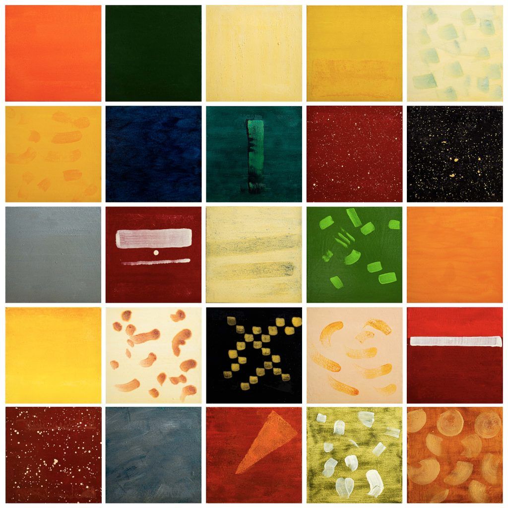Composizione da 25 tavole tratte dal mosaico pavimentale della basilica dei Santi Maria e Donato, Murano, Olio su tavola incamottata, composizione 20 x 20 cm cadauna, 2023